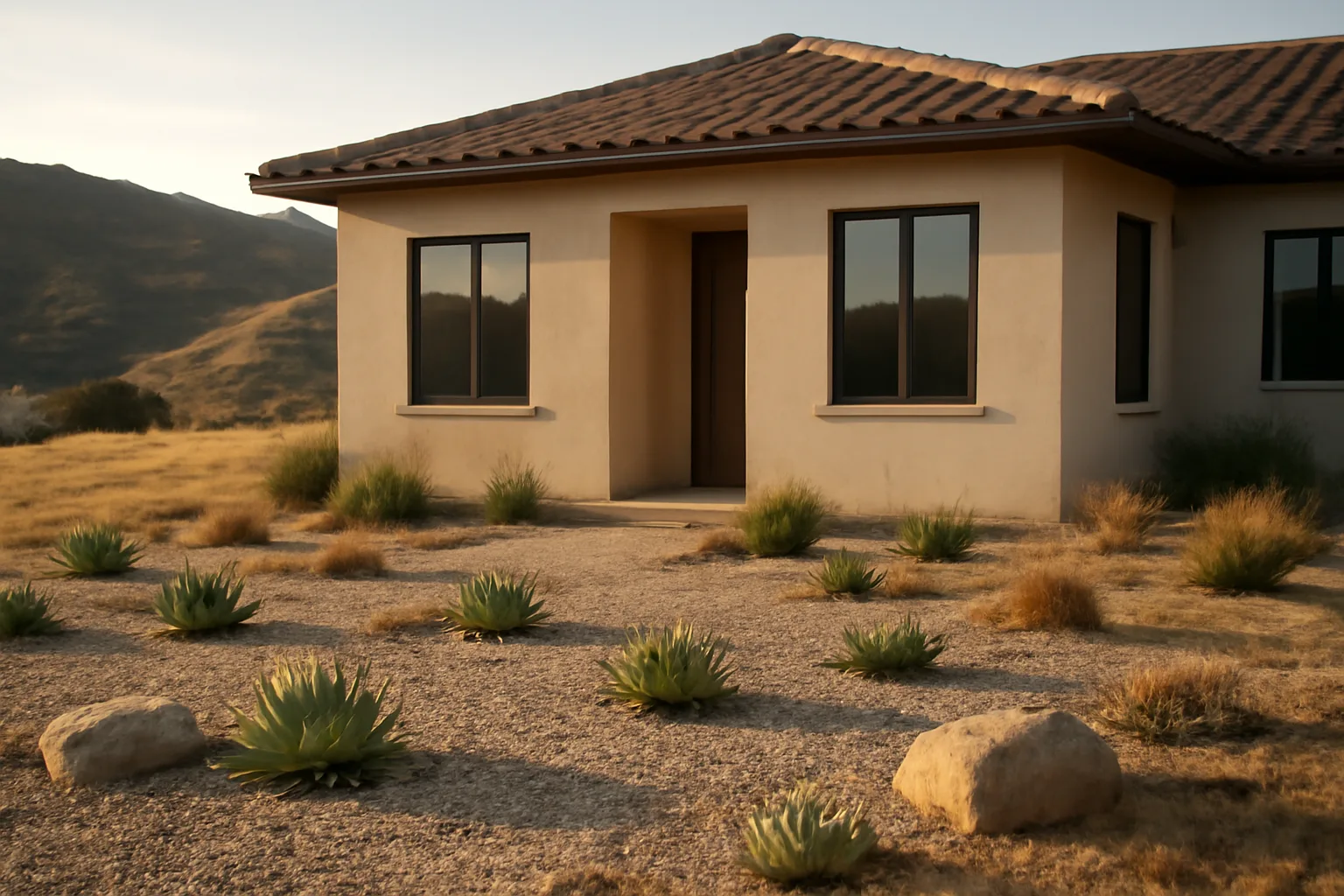 Fire safe landscaping California home with gravel perimeter and spaced succulents against dry hills