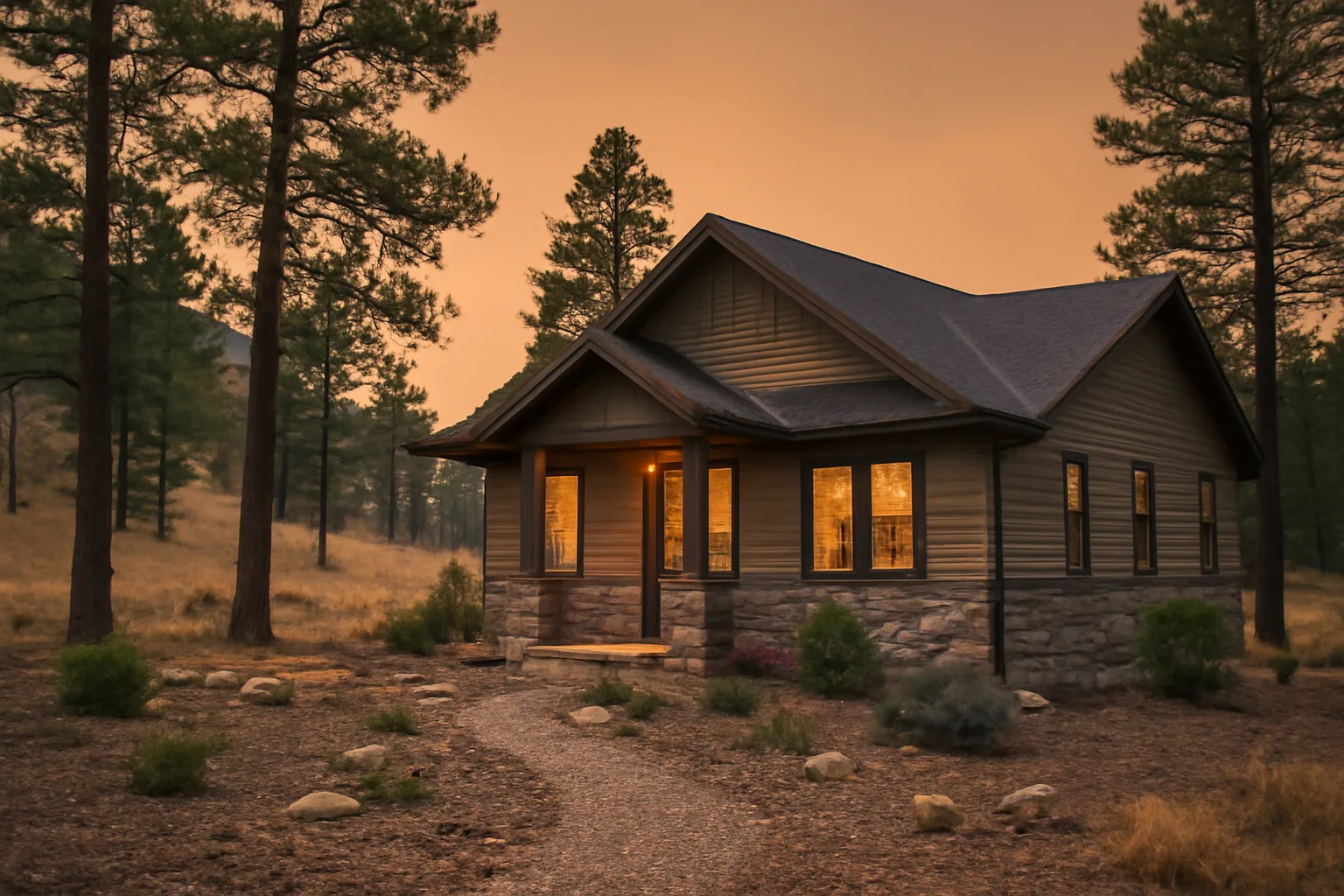Colorado foothill home with cleared defensible space and distant wildfire smoke at dusk