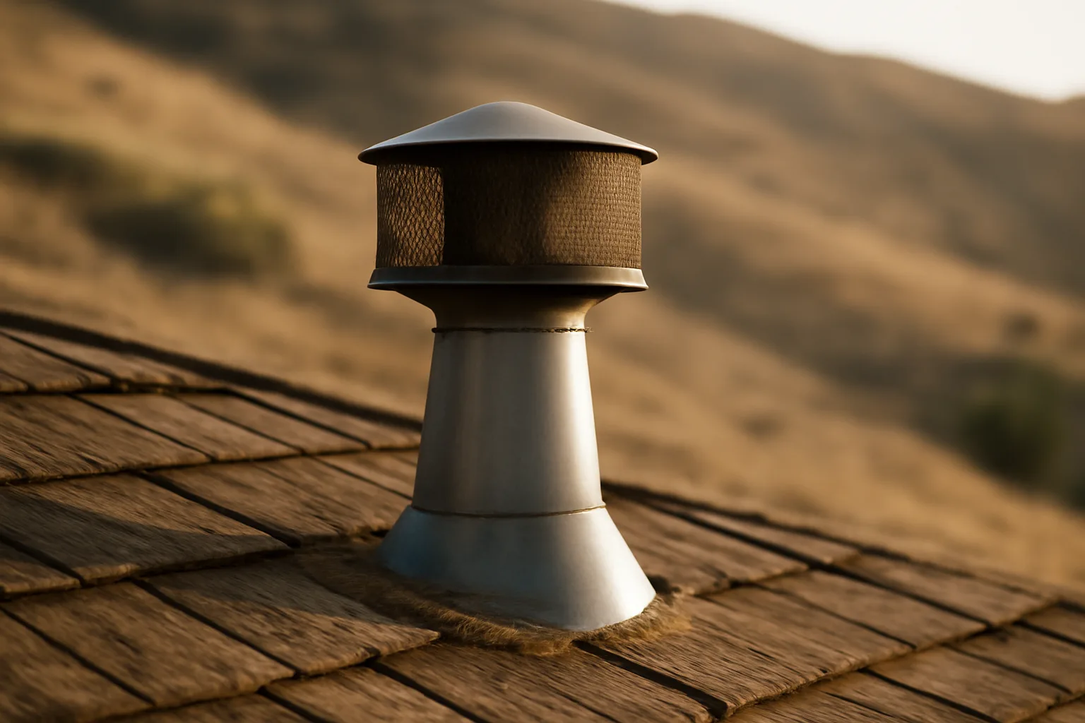 Chimney spark arrestor cap on a roof during a wildfire home fireplace check