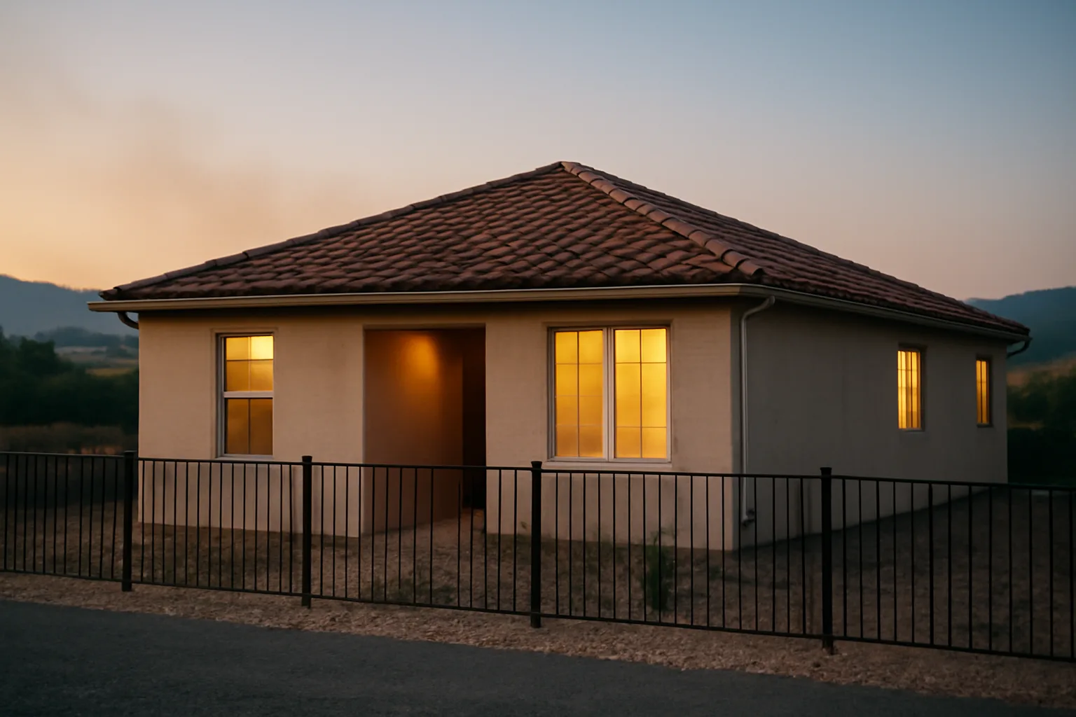 Fire-hardened house with tile roof and cleared zone showing fireproof construction principles