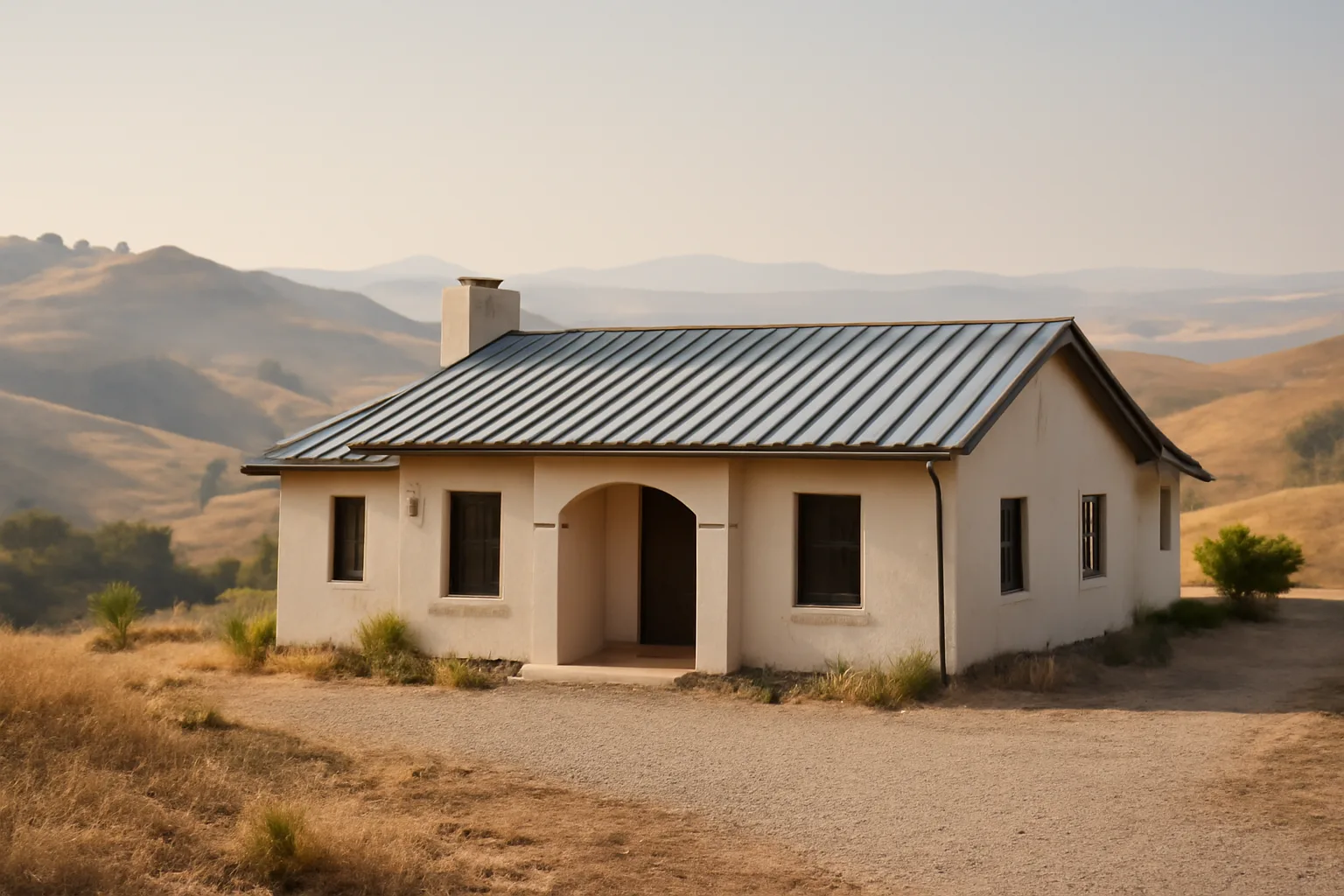 Fire-hardened California house with gravel perimeter and cleared hillside brush