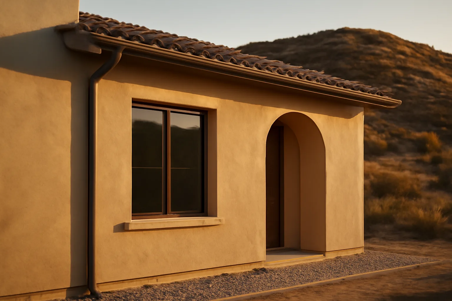 House exterior with gravel Zone 0 border and ember-resistant vent against wildland hillside
