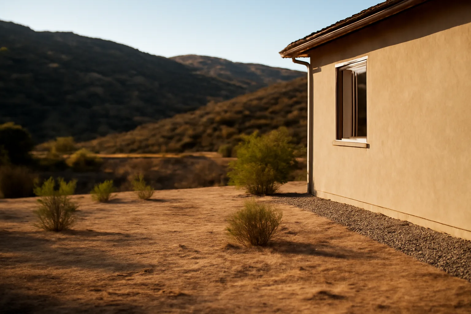 Cleared defensible space zone with gravel border next to a wildfire-zone home