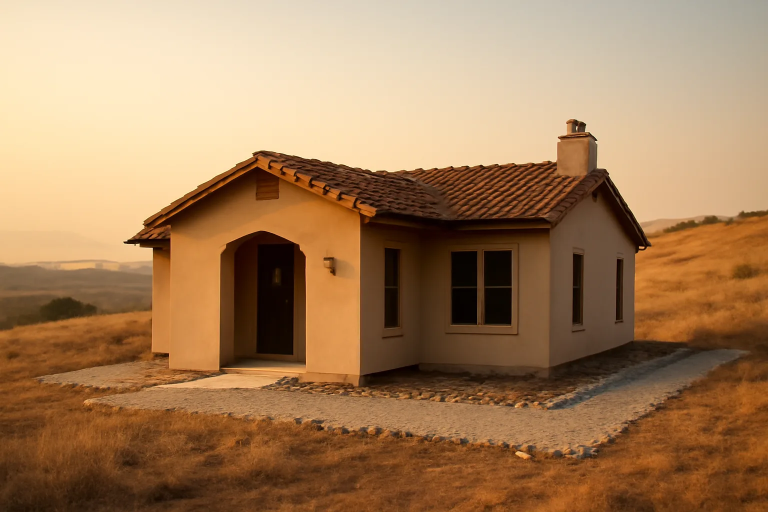 Home with a cleared gravel defensible space perimeter against a smoky wildland hillside