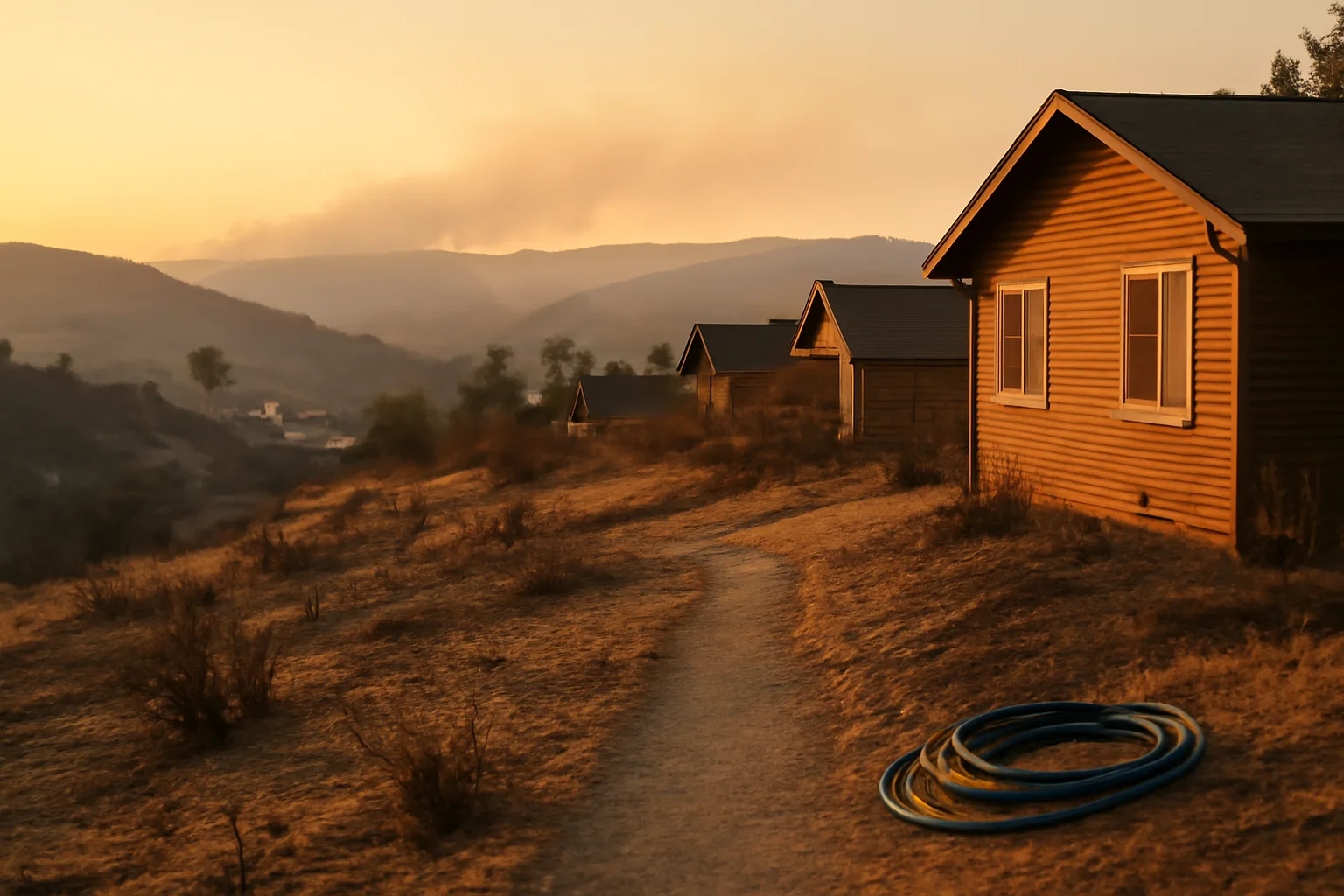 Cleared defensible space brush zone around homes with distant wildfire smoke at dusk