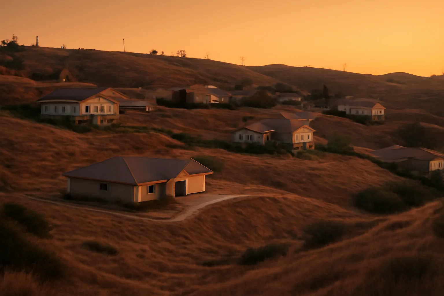 Cleared defensible space buffer around hillside homes at dusk near utility poles