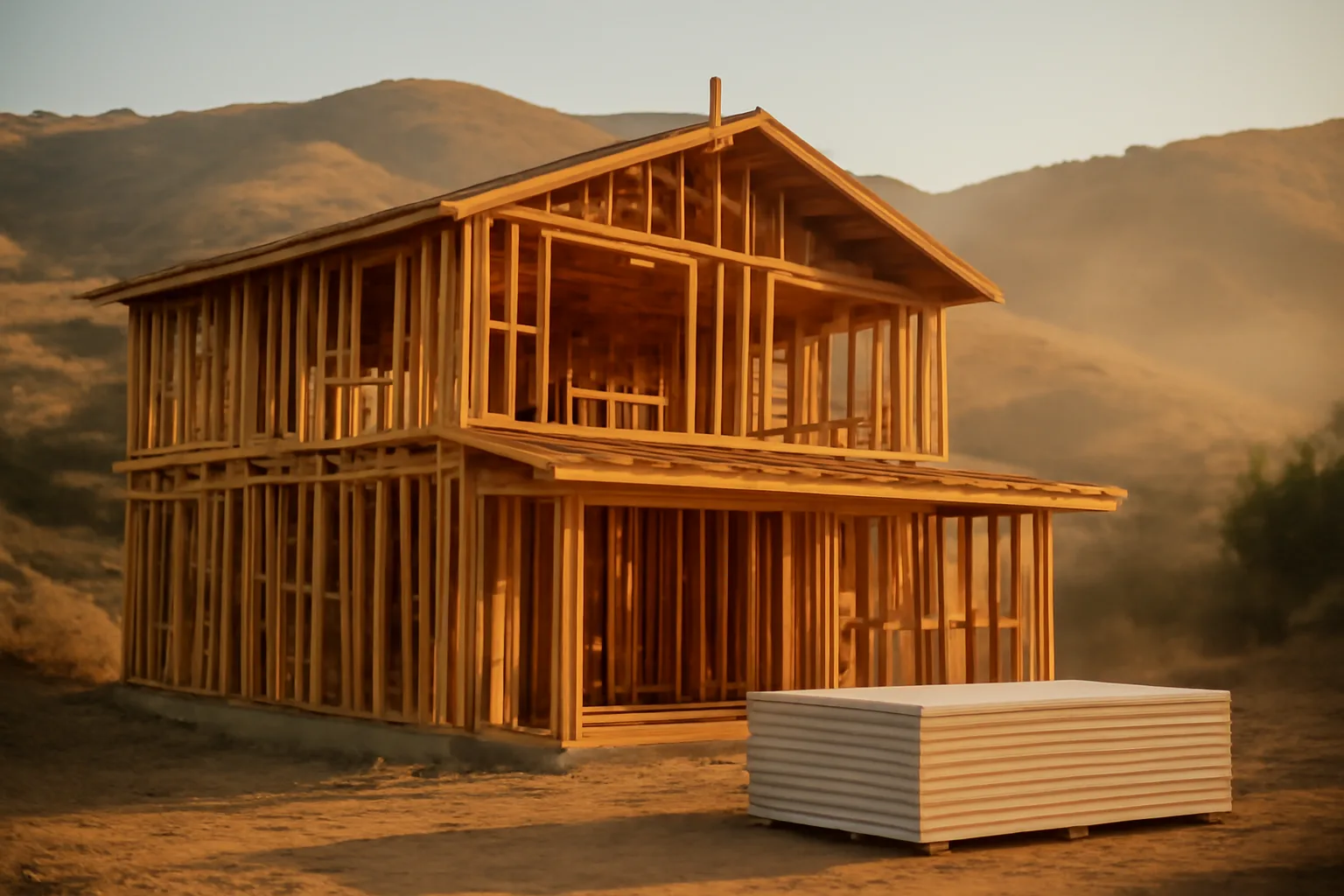 Stacked fire-resistant drywall sheets against a hillside home under wildfire-zone construction