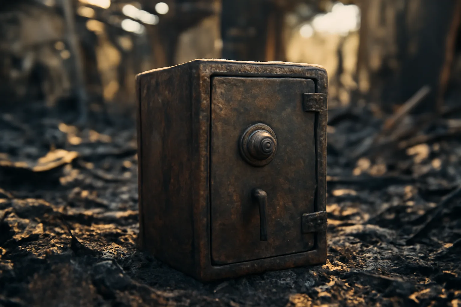 A soot-covered fire resistant safe standing intact among burned house debris