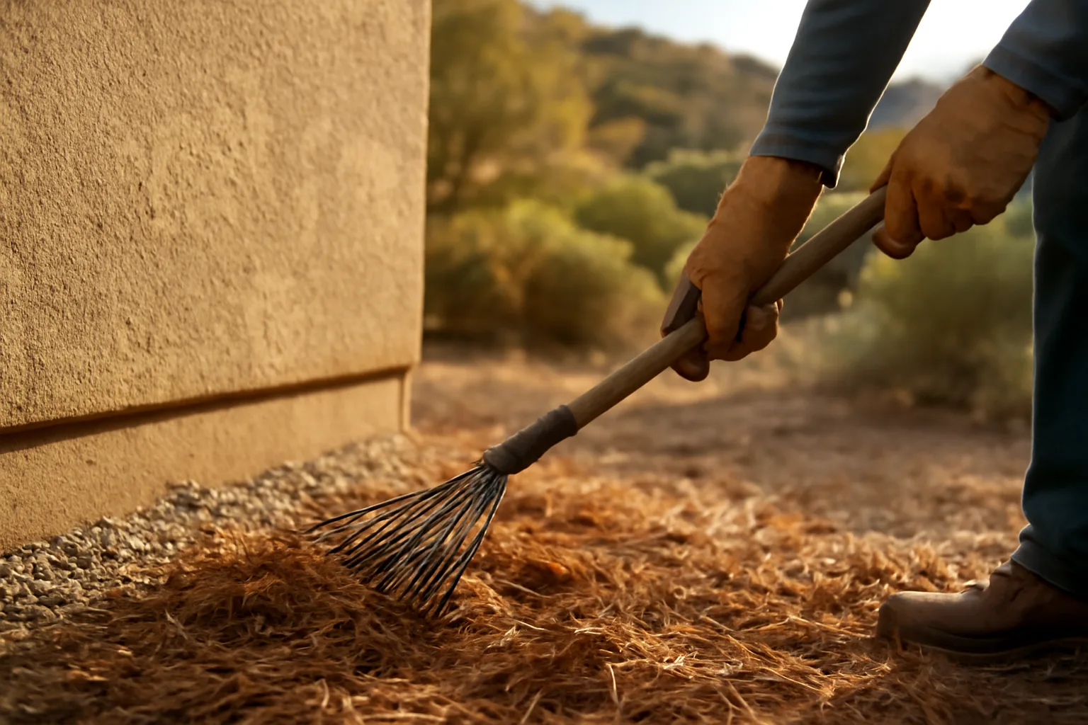 Homeowner clearing dry leaves and pine needles from house foundation for wildfire prevention
