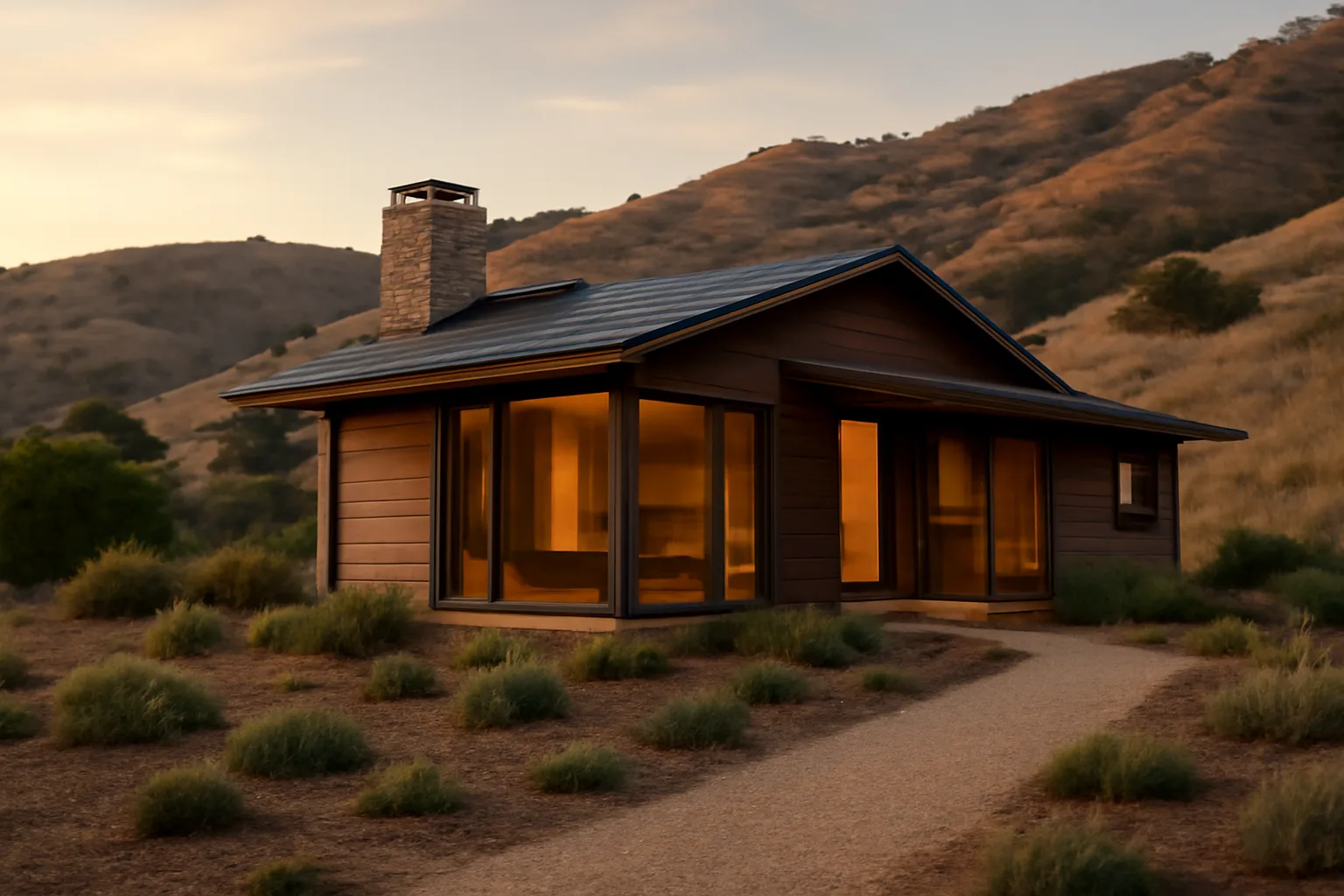 Hillside house with cleared defensible space buffer against dry wildfire-prone hills