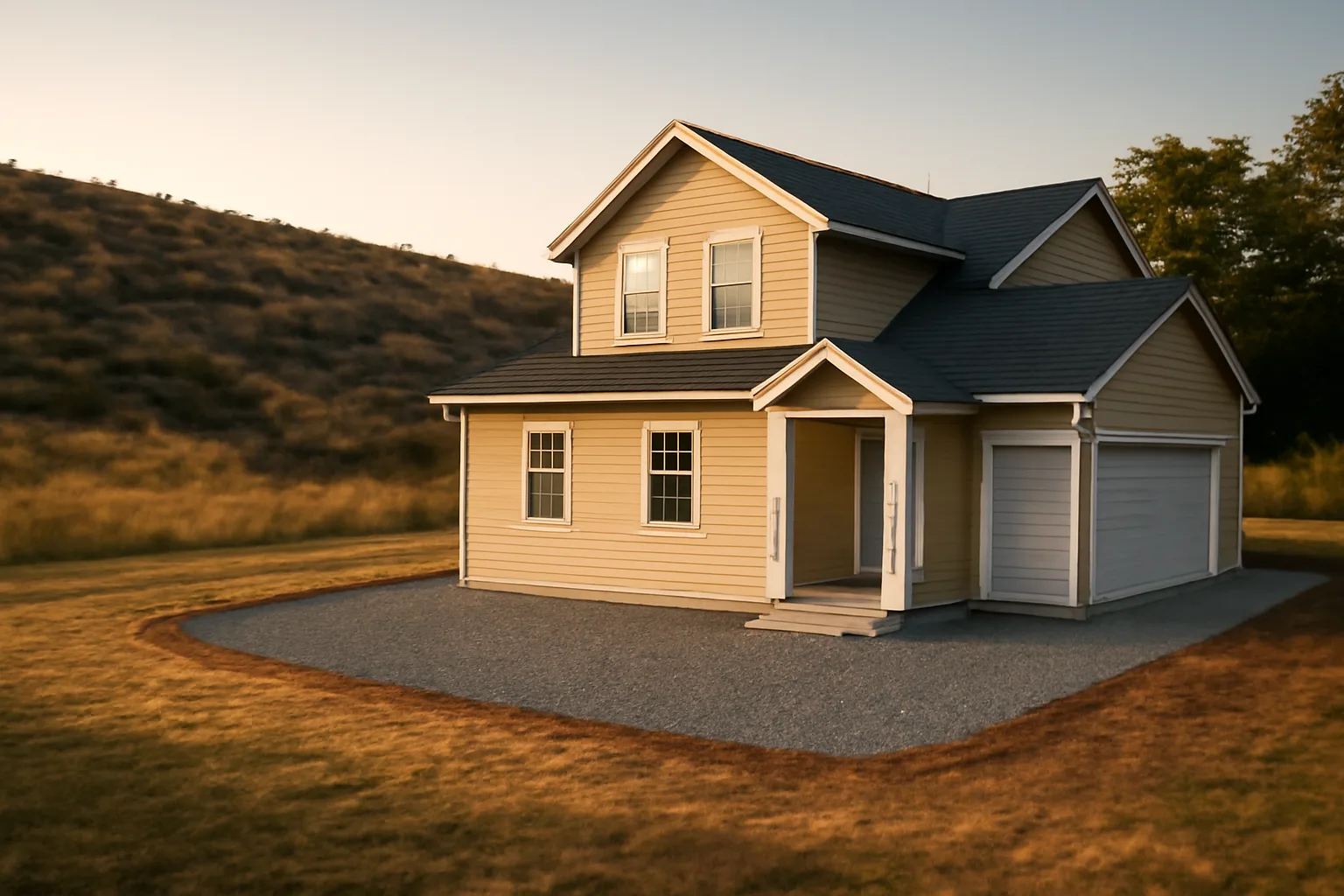 Home with cleared gravel perimeter and defensible space against dry hillside brush