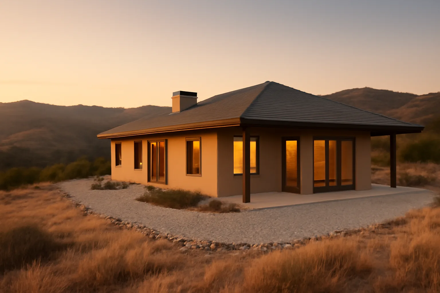 Hillside house with cleared defensible space buffer between structure and dry wildland grass