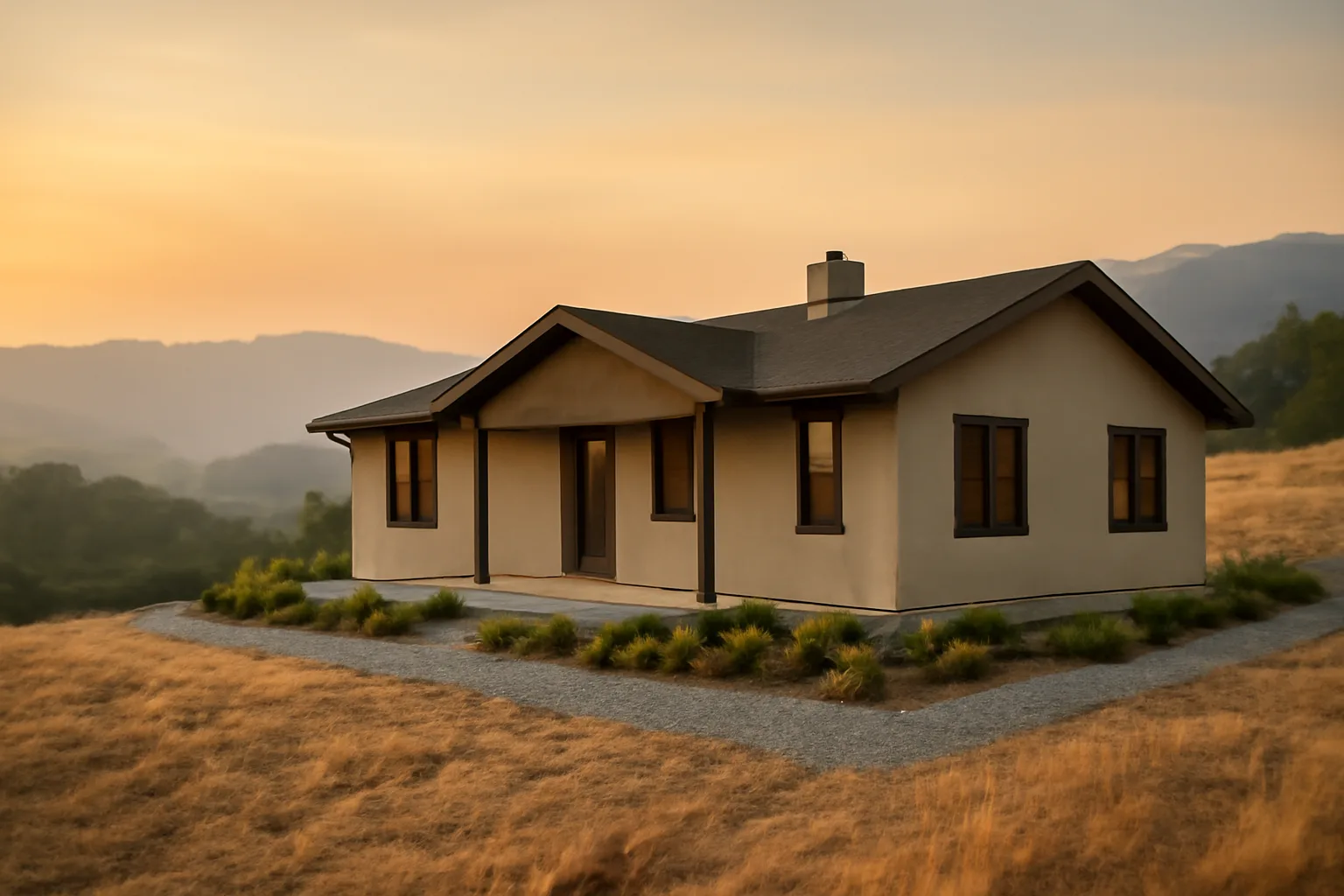 Home with cleared gravel defensible space zone against hillside wildfire smoke