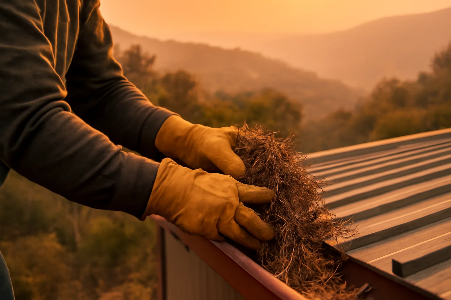 Homeowner clearing gutter debris on a roof to help prevent fire from embers