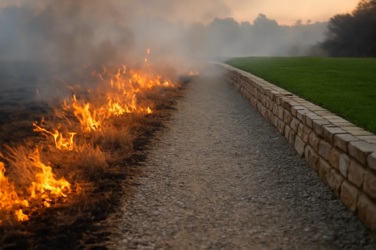 Wildfire flame front stopping naturally at a gravel fuel break beside a green lawn