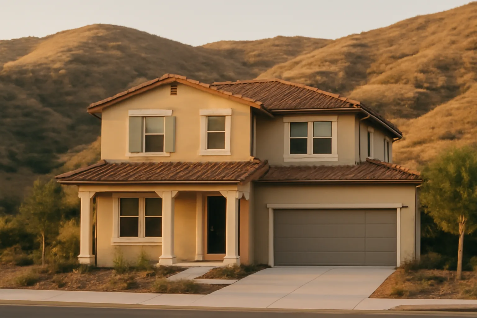 Home with cleared defensible space zone on a dry California hillside at sunset