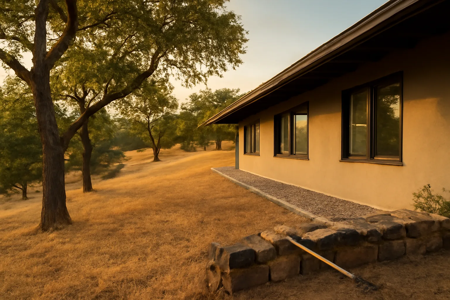 Home with gravel defensible space zone and pruned trees on a dry hillside