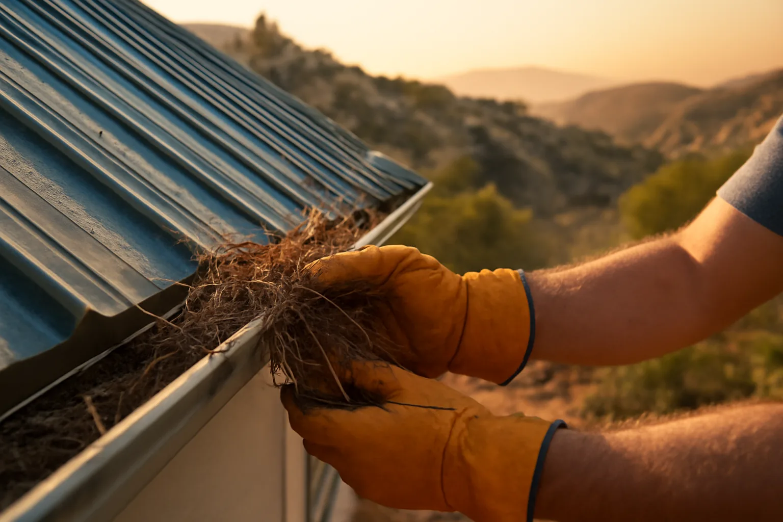Homeowner clearing pine needles from gutter to help prevent wildfires near a chaparral hillside