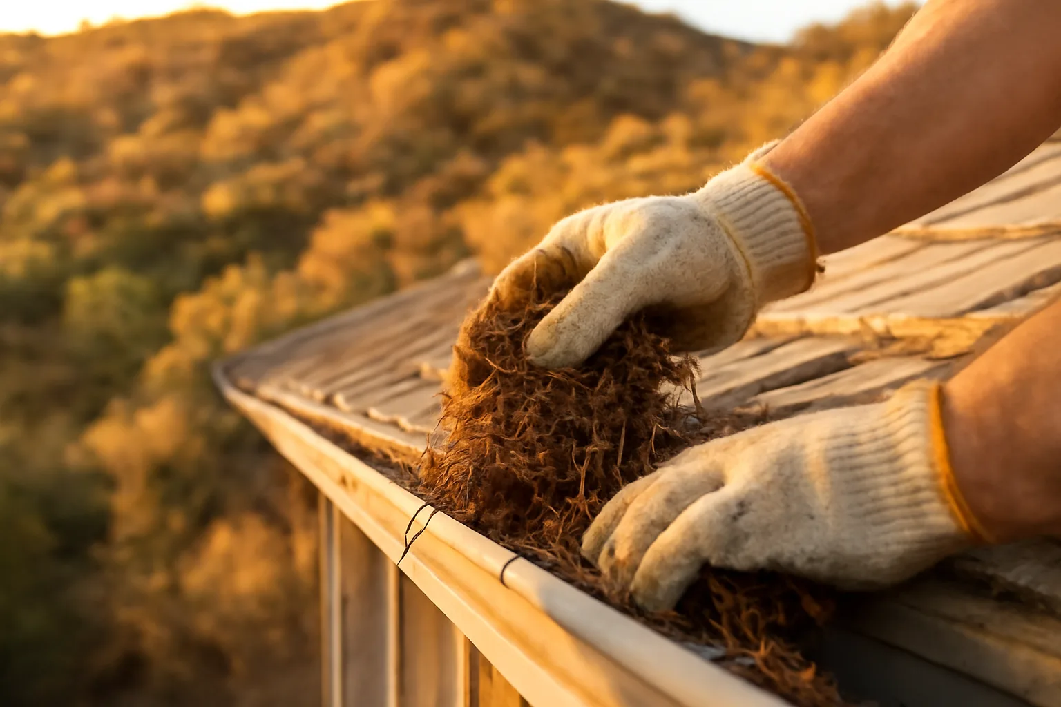 Homeowner clearing pine needles from roof gutter near dry hillside vegetation at dusk