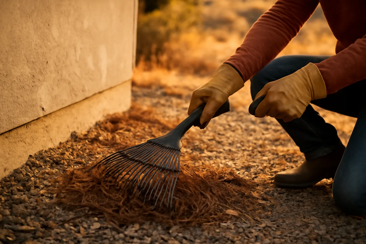 Homeowner clearing dry mulch and needles from house foundation to mitigate wildfire risk