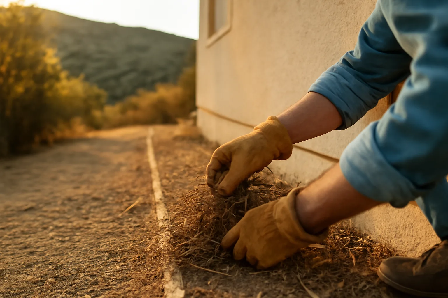 Homeowner clearing dry brush from defensible space zone next to house foundation