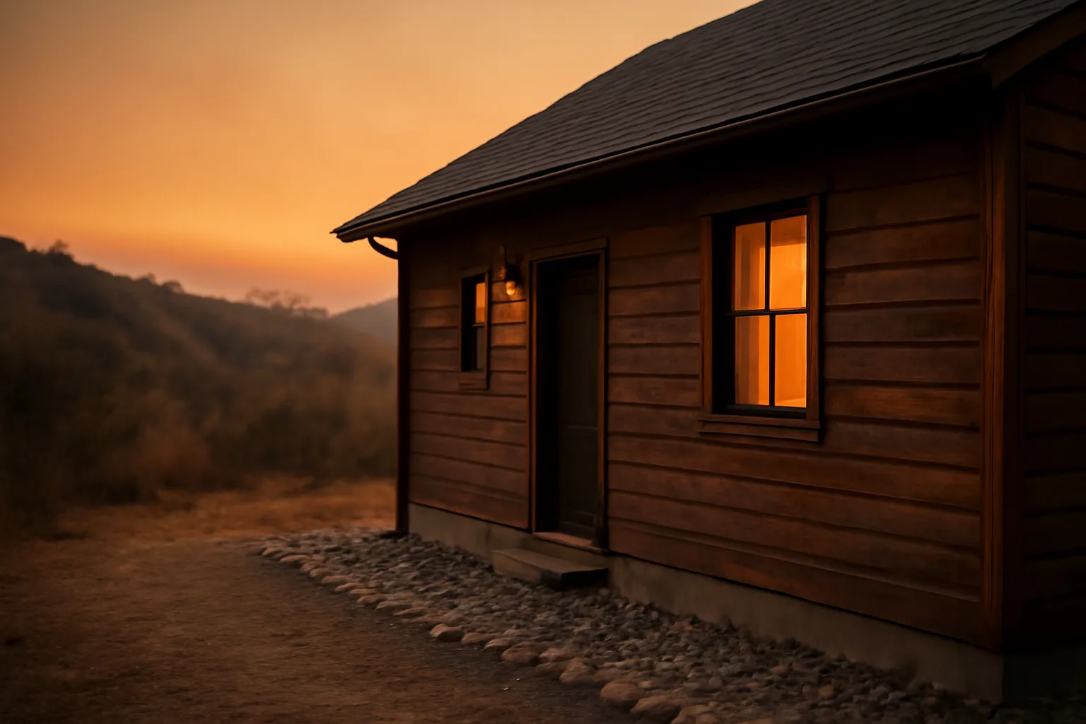 House with cleared defensible space zone protecting it from nearby wildfire brush