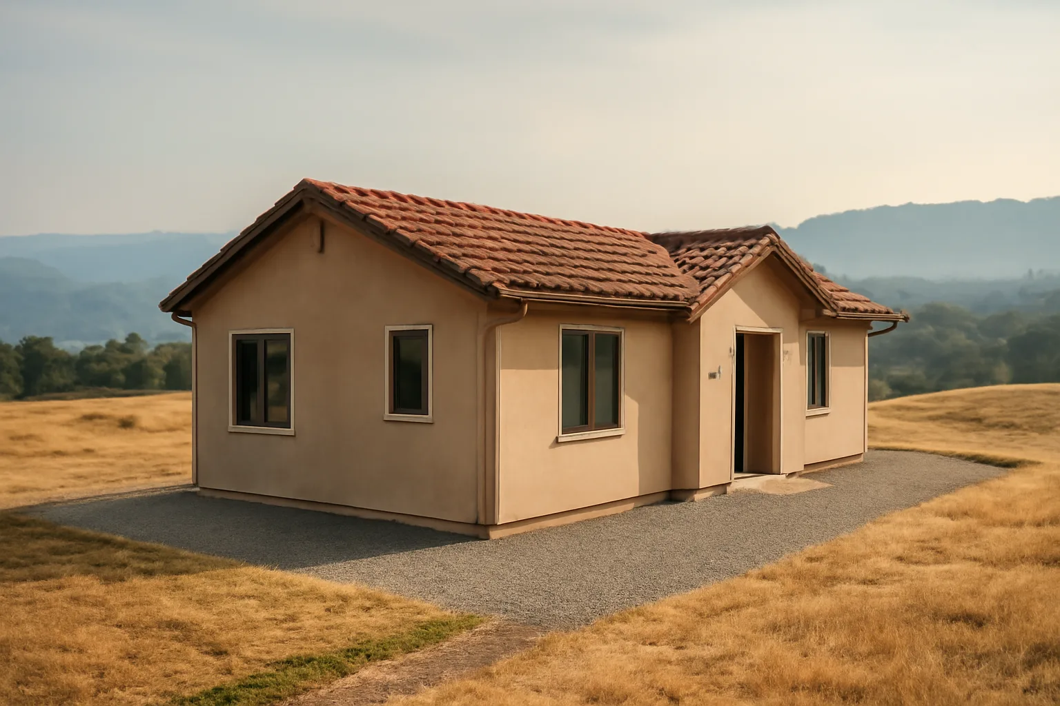 Home with cleared ember-resistant zone and defensible space buffer against hillside wildfire risk