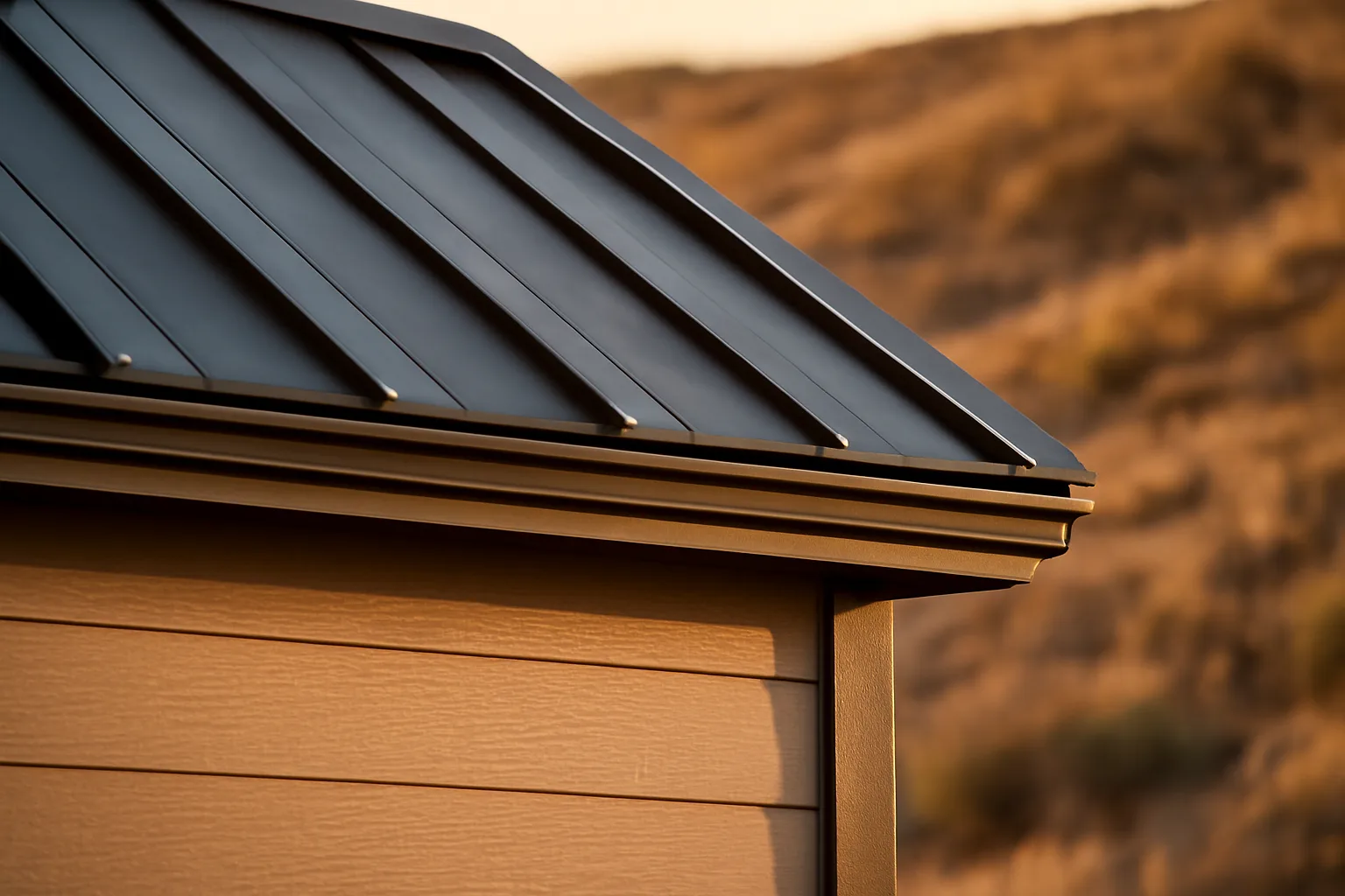 Metal roof and fiber cement siding corner showing fire resistant materials on a hillside home