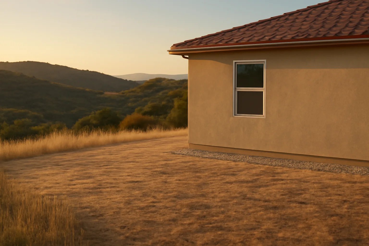 Cleared defensible space zone with gravel border around a hillside home at sunset