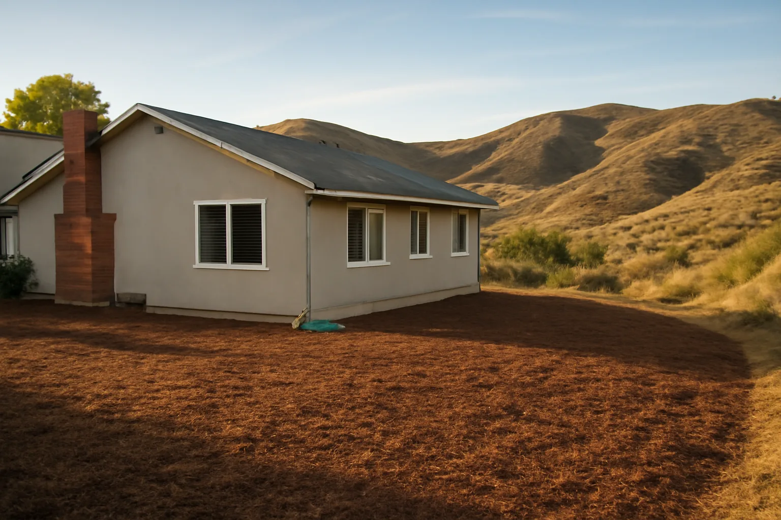 Hillside home with cleared defensible space zone against dry wildfire-prone hills