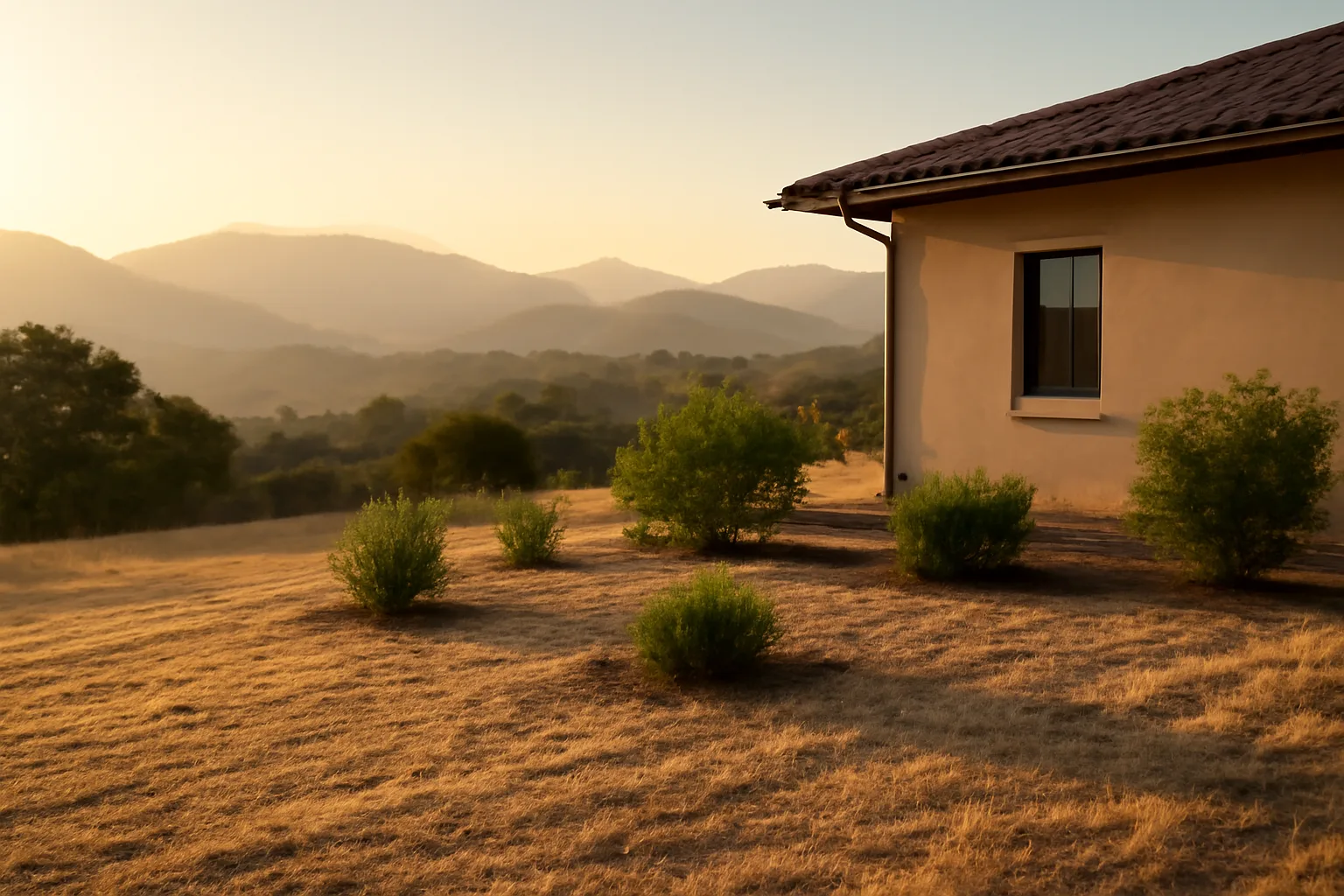 cleared defensible space zone around a hillside home at dusk