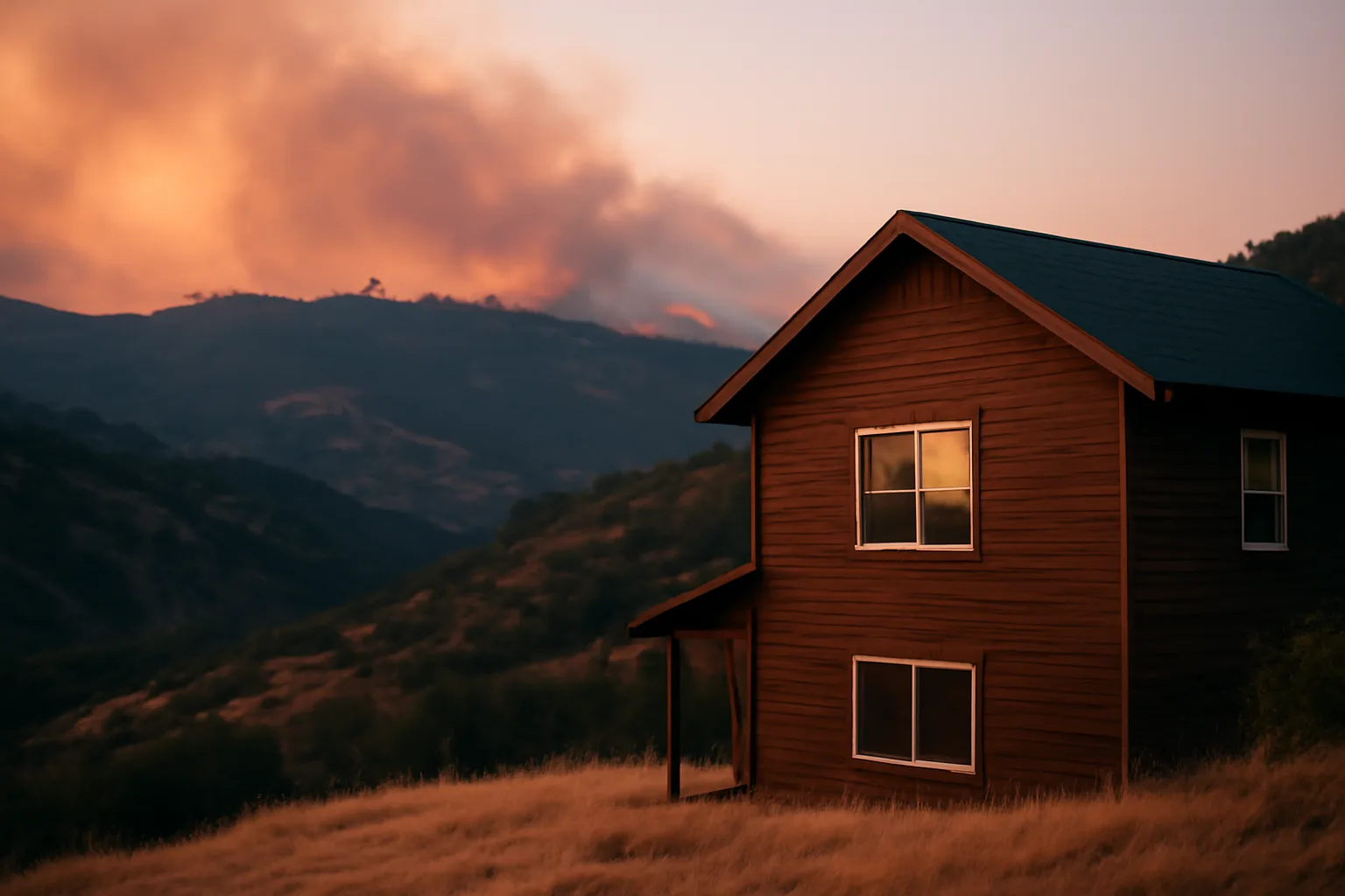 Home with cleared defensible space buffer below hillside utility poles at dusk