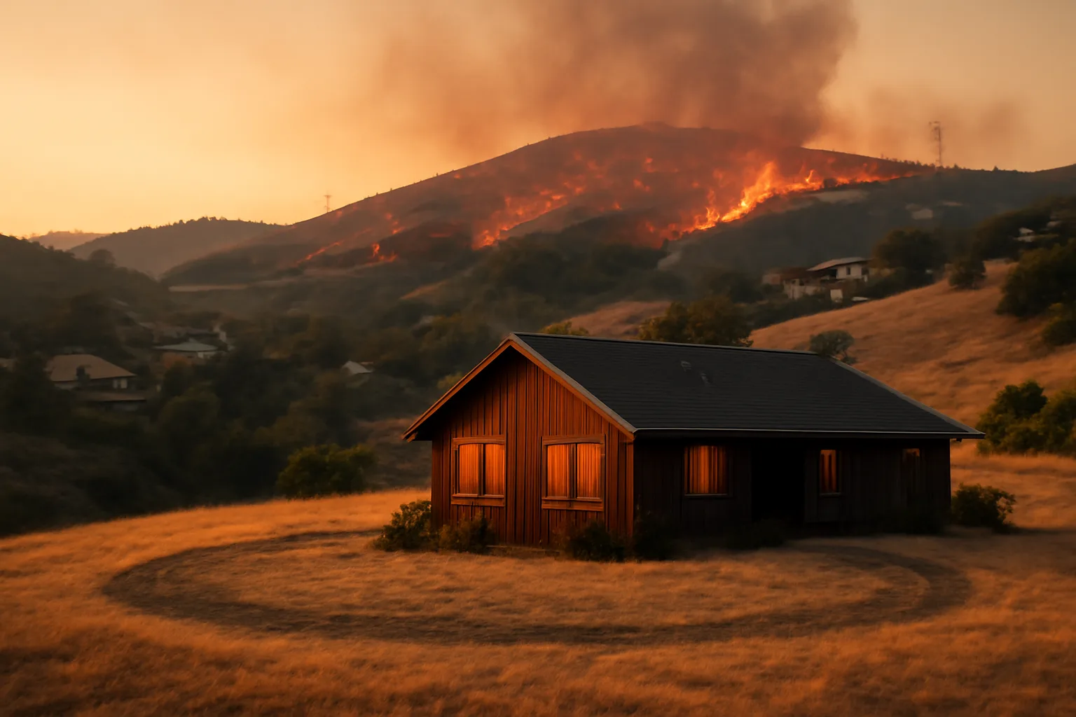 Cleared defensible space ring around a hillside home near utility poles at dusk