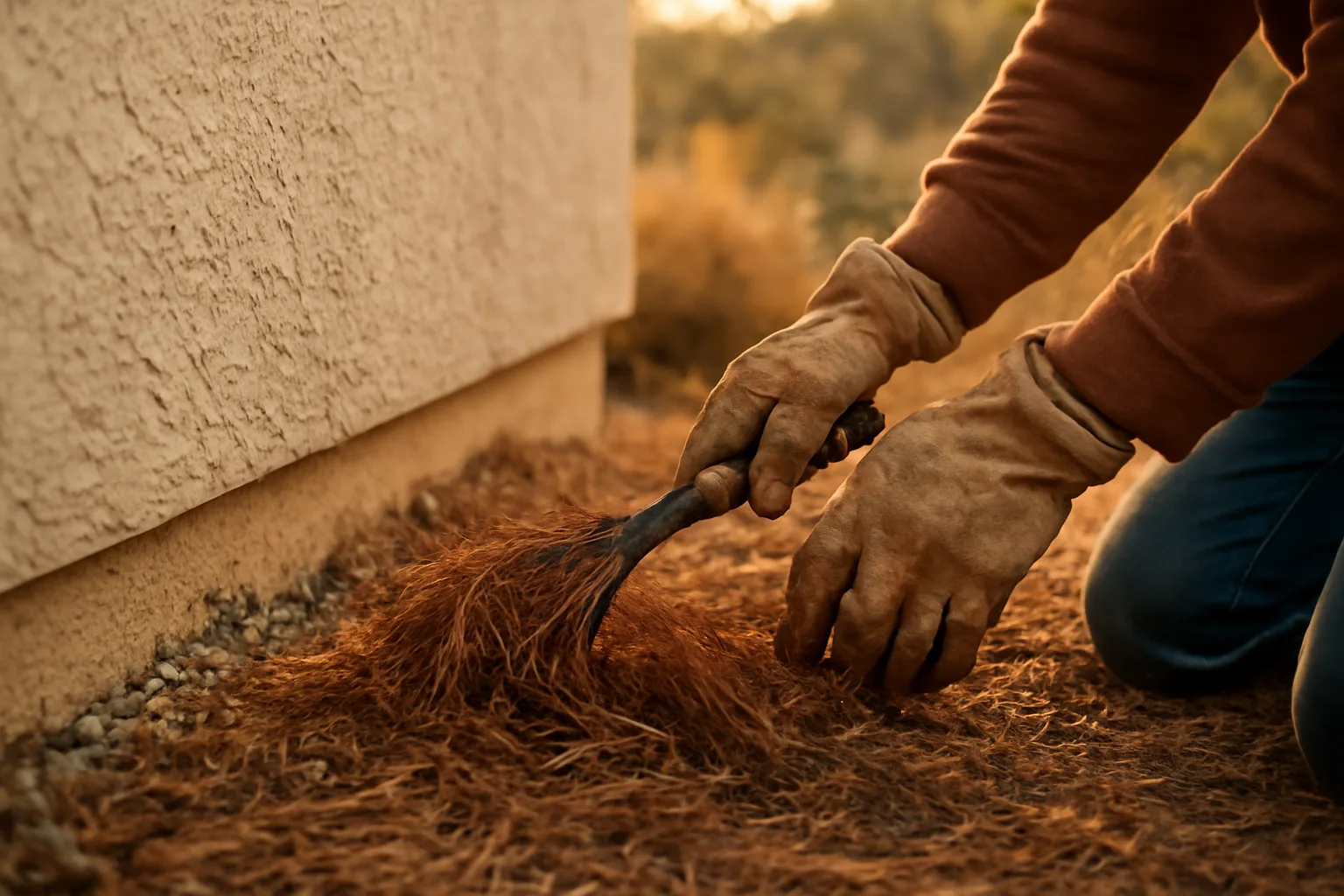 Homeowner clearing dry vegetation from the five-foot zone against a house foundation