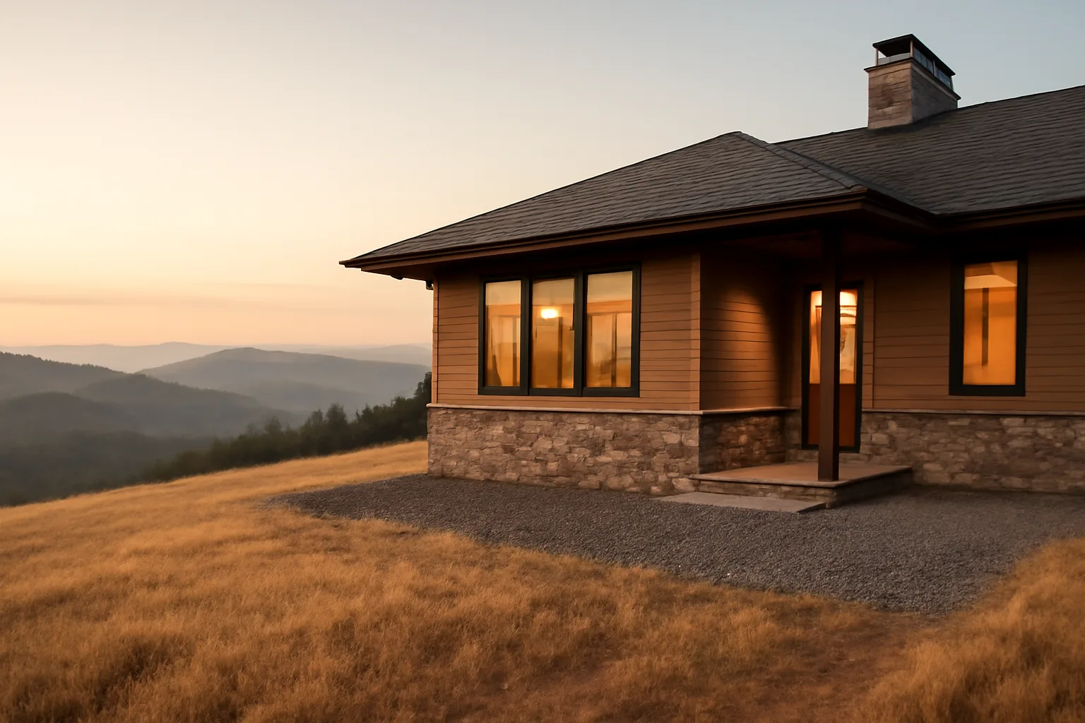 Home with cleared defensible space zone against dry California hillside at dusk