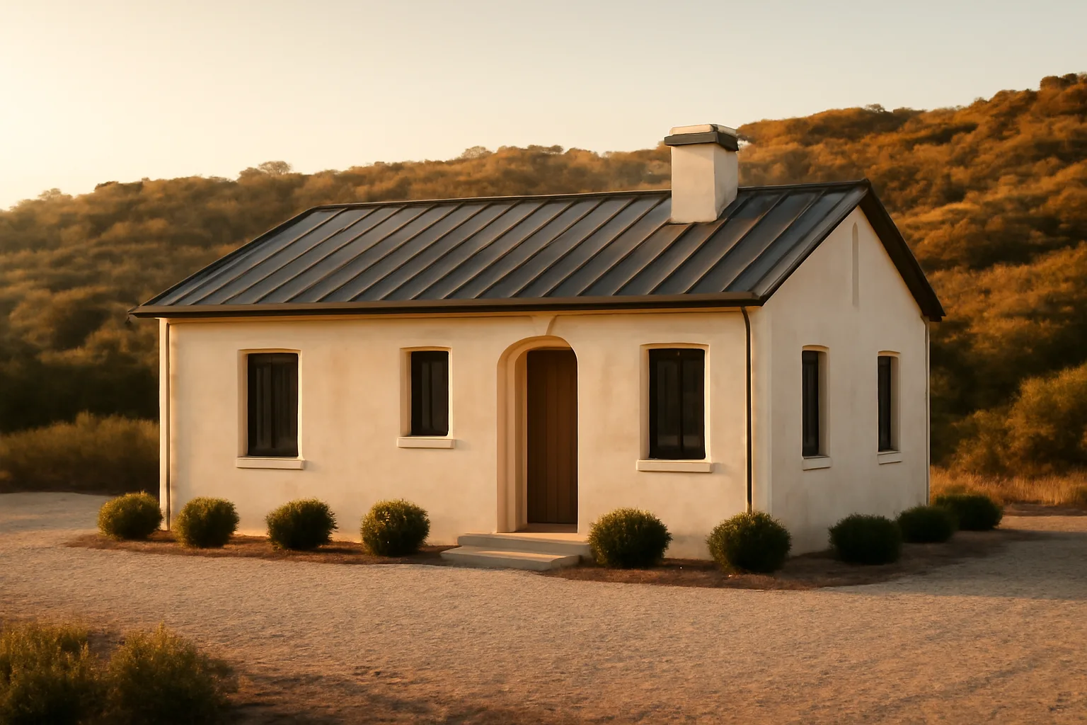 Home with cleared defensible space buffer against a dry chaparral hillside at dusk