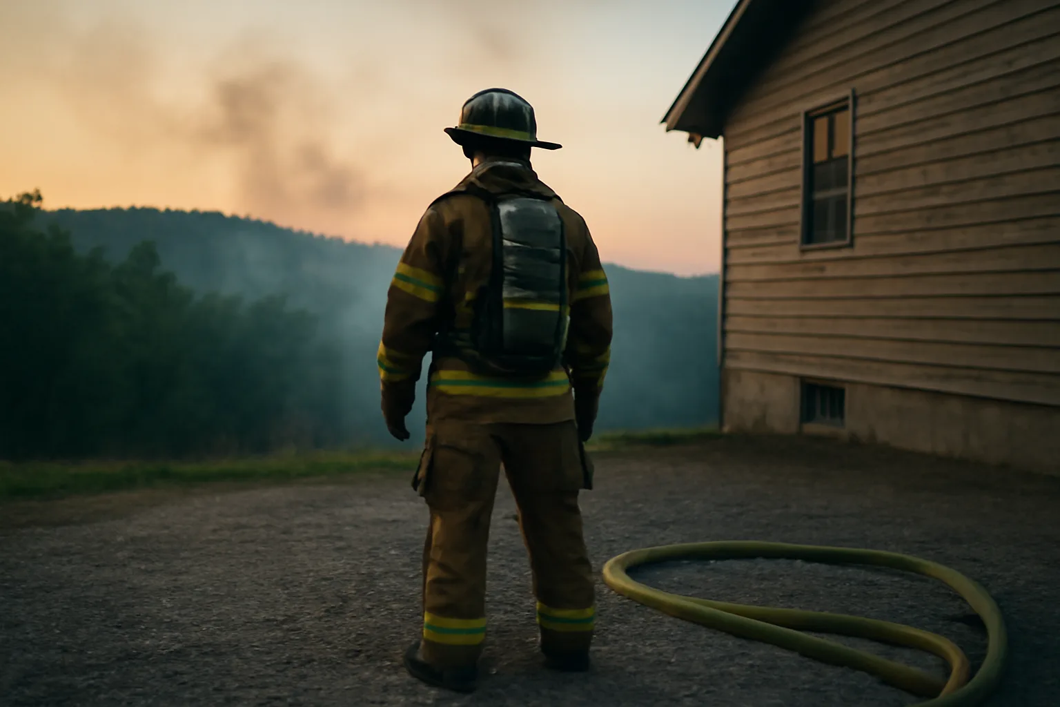 Firefighter assessing defensible space clearance around a home during wildfire smoke haze