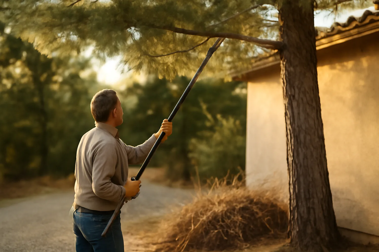 Homeowner pruning low tree branches near a house for wildfire defensible space