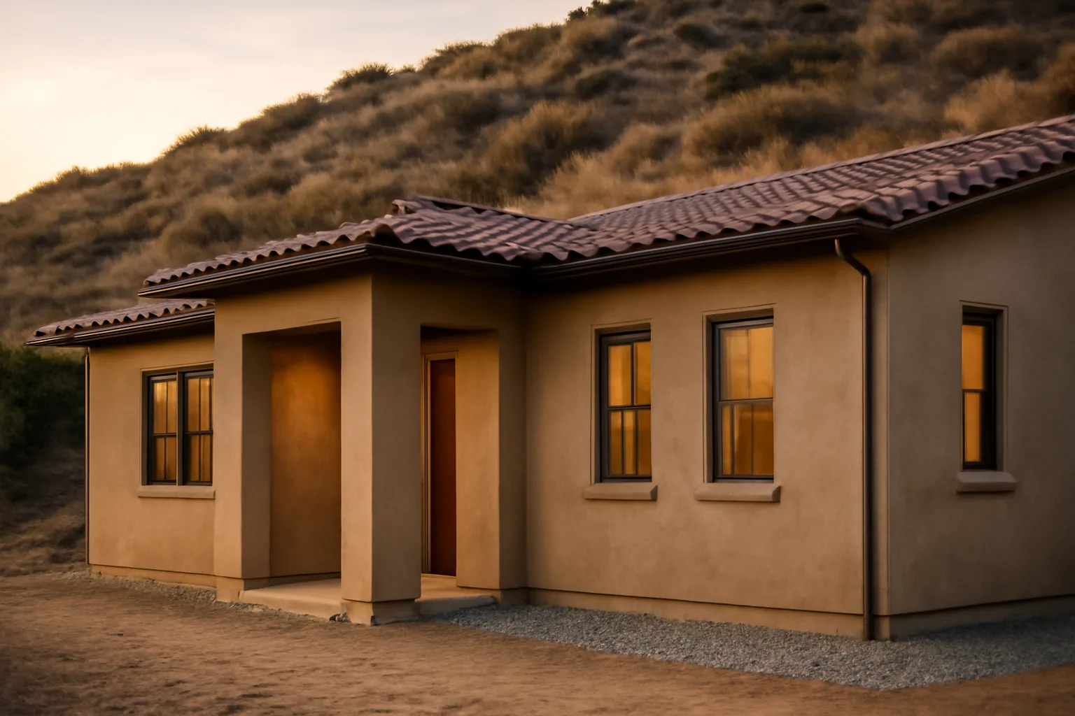 Home with cleared defensible space buffer against dry chaparral hillside at dusk