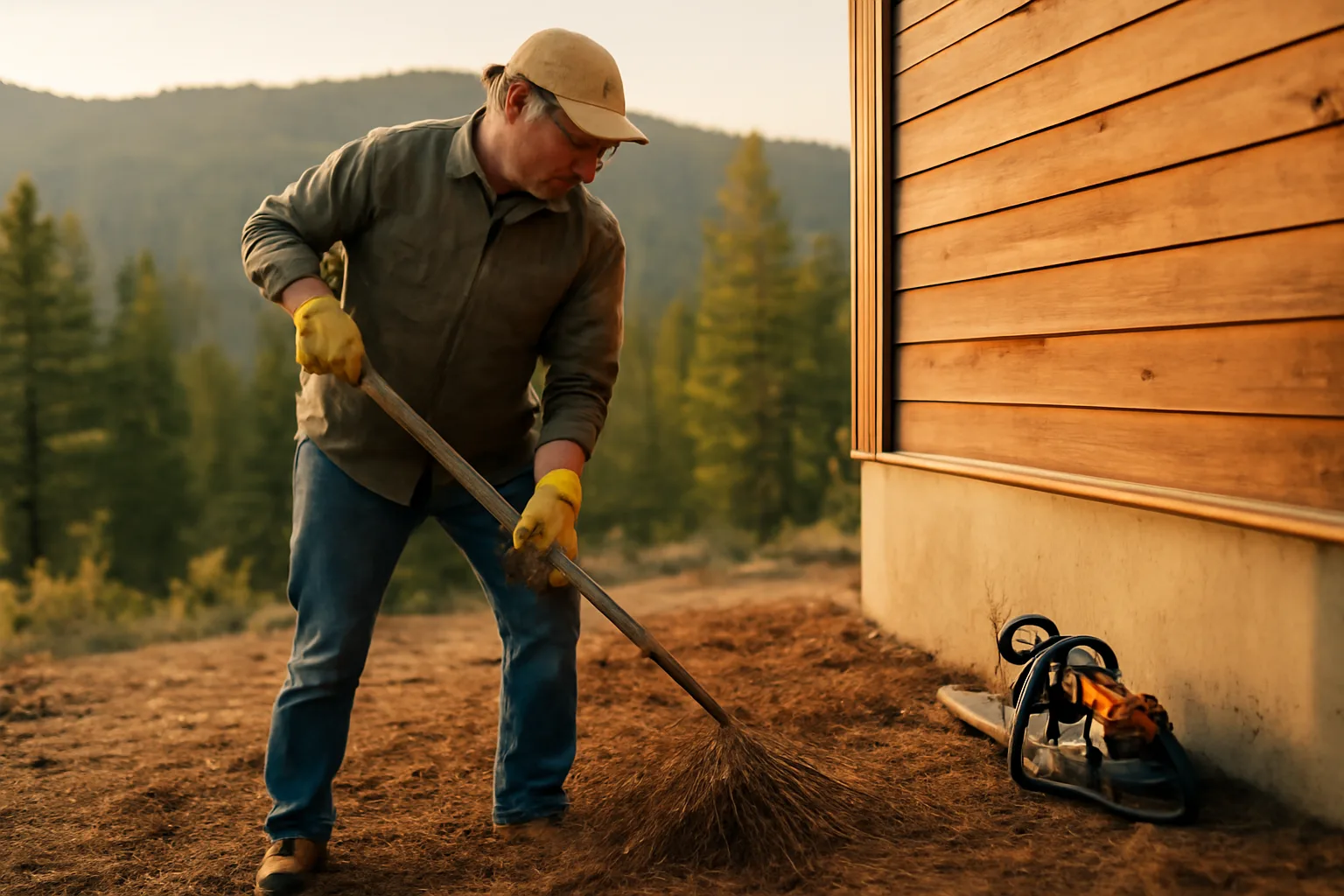 Homeowner clearing pine needles from house foundation as defensible space wildfire mitigation work
