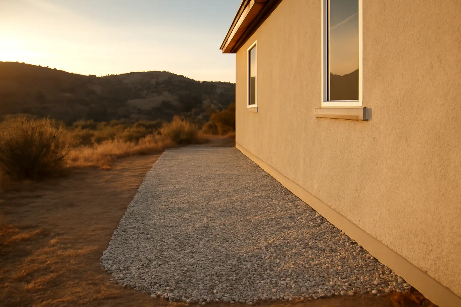 Gravel ember-resistant zone next to a home with dry hillside brush beyond