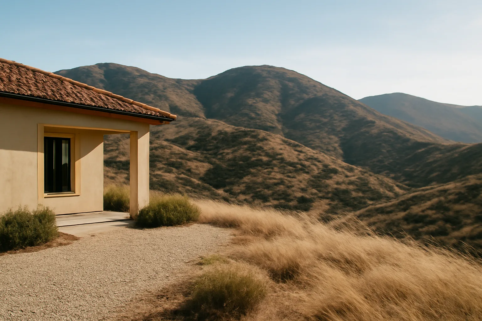San Diego hillside home with cleared defensible space against dry chaparral fire risk