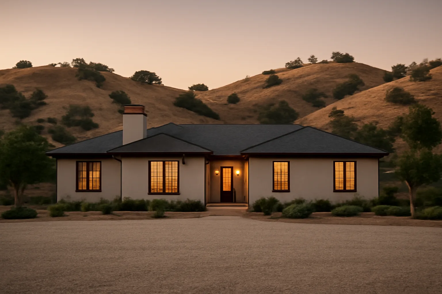 Hillside home with cleared defensible space zones against dry California wildland hills