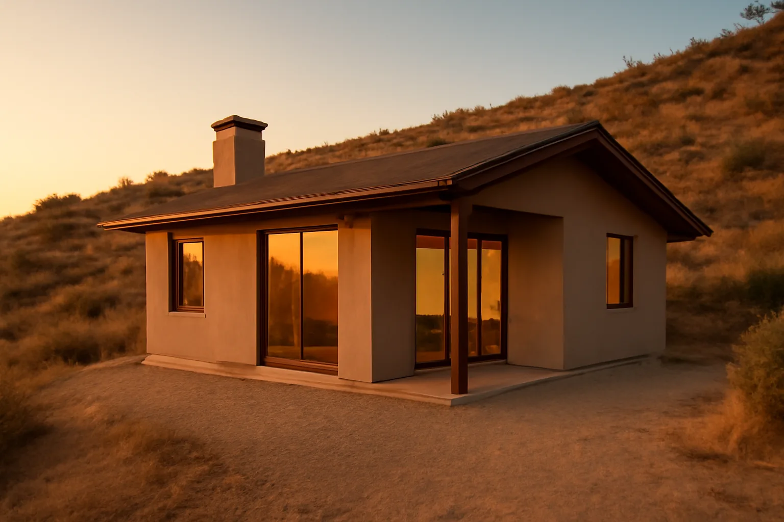 Hillside home with cleared defensible space near foundation and chaparral slope beyond