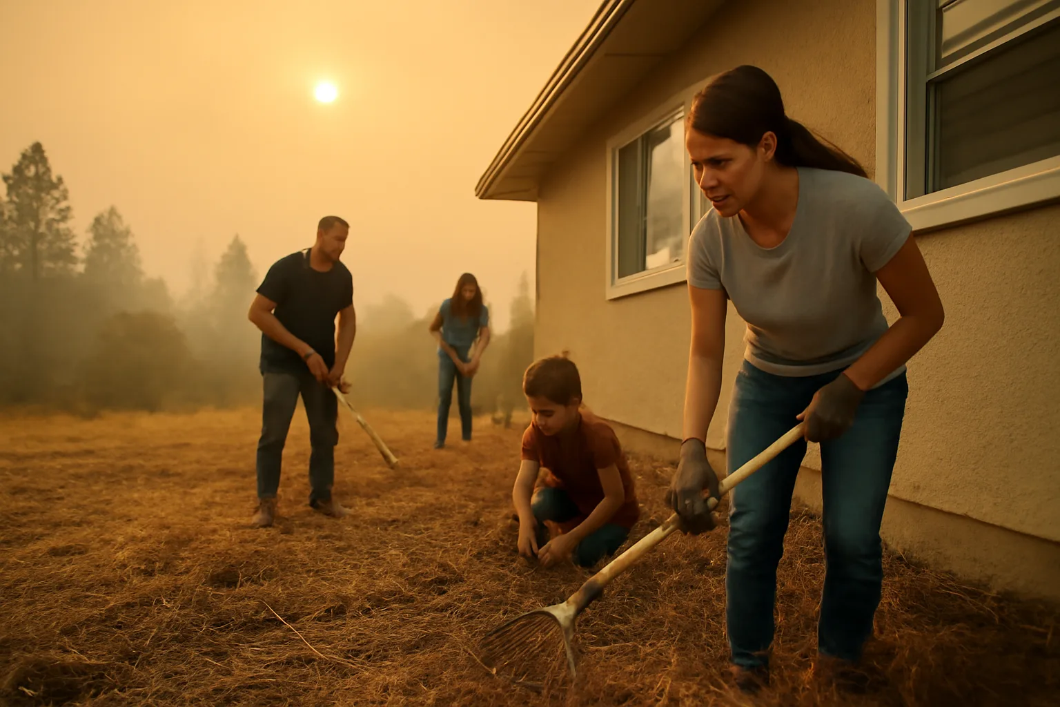 Family clearing brush and pine needles around a home in a smoky wildfire-prone landscape