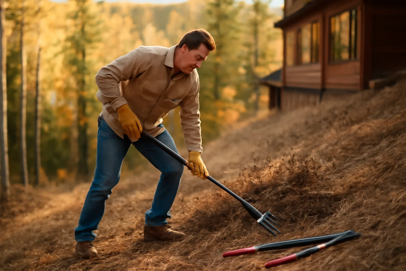 Homeowner clearing dry brush and pine needles near a Colorado mountain home