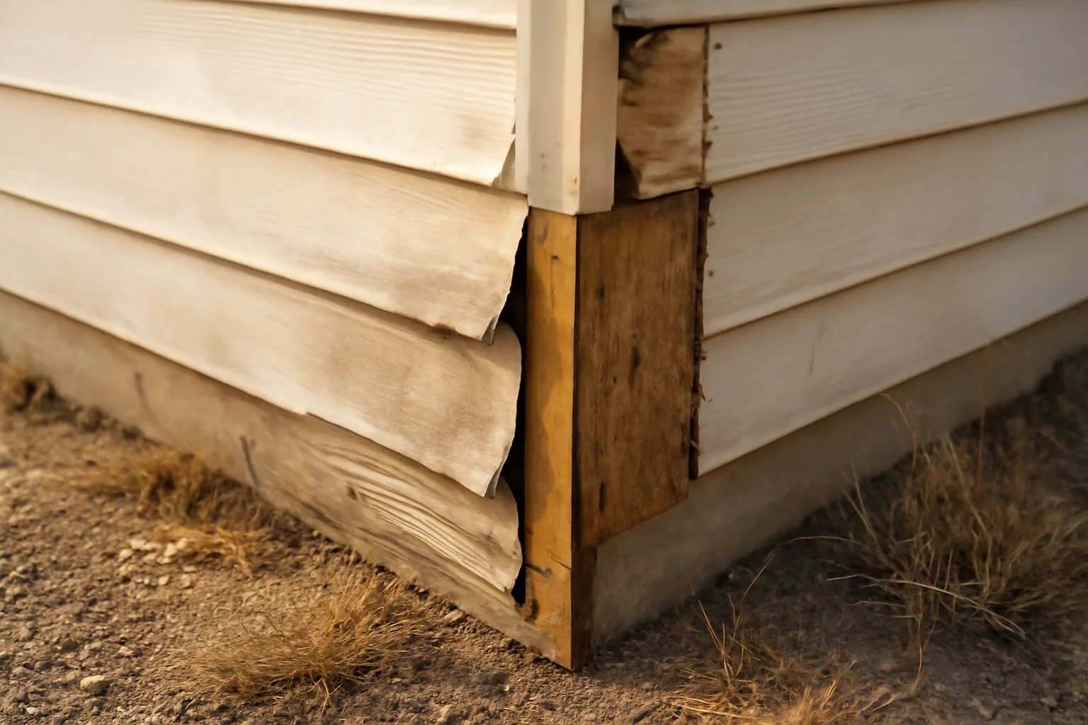 Warped vinyl siding exposing sheathing on a house near dry brush landscaping