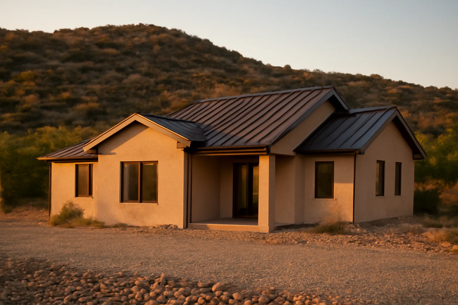 Fire-resistant home exterior with metal roof and gravel buffer against dry hillside