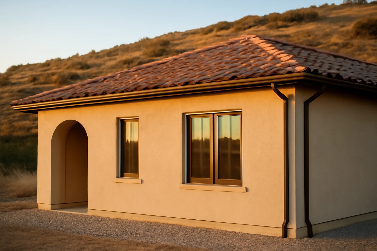 Stucco home with tile roof and cleared gravel zone against dry hillside brush