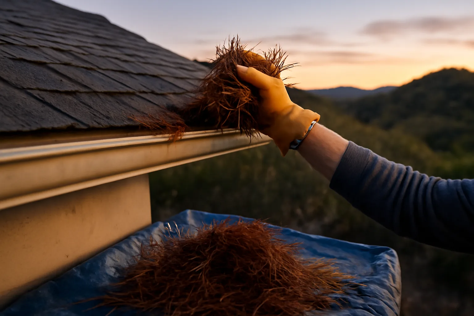 Homeowner clearing gutter debris near foothill home during wildfire preparation